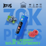 Ein blaues E-Zigarettengerät mit schwarzem Digitaldisplay neigt sich diagonal, umgeben von Blaubeeren und Himbeeren auf einem blauen Hintergrund mit Farbverlauf und fettem Text und Logos. Auf dem Geschmacksetikett steht „Blueberry Sour Raspberry“.