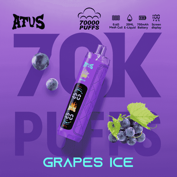 Leuchtend violettes Vape-Gerät mit der Aufschrift AFUS und Traubeneisgeschmack, vor einem großen “70K PUFFS”-Logo und einem Traubencluster;-Text “GRAPES ICE” unten.