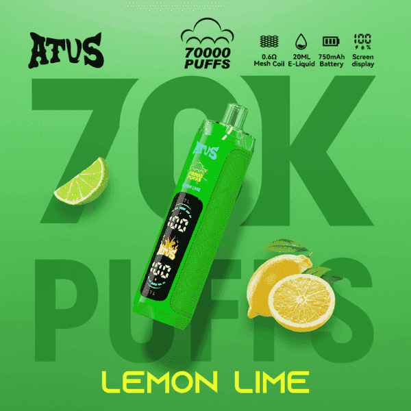 Leuchtend grünes Vape-Gerät mit der Aufschrift ATUS mit Zitronen-Limetten-Geschmack, Limettenscheibe und Zitronenscheibe, überlagert auf einem kräftigen “70K PUFFS”-Hintergrund mit dem Text LEMON LIME unten