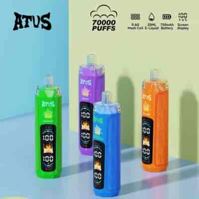 Four colorful vape devices lined up on a pastel background, each with a digital display and “ATVS” branding in green, purple, blue, and orange.