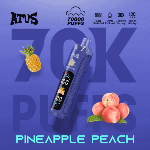 Ein blaues Dampfgerät mit der Aufschrift AFUS und Ananas-Pfirsich-Geschmack, umgeben von einer Ananas und Pfirsichen, vor einer großen “70K PUFFS”-Grafik und den Worten PINEAPPLE PEACH.