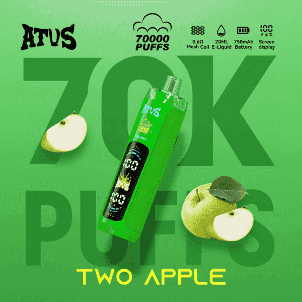 Zwei Vape-Geräte im Apfel-Design mit grünem Körper, umgeben von geschnittenen Äpfeln auf hellgrünem Hintergrund, Text “TWO APPLE” unten.
