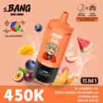 S.BANG orange bottle with cartoon monkey, labeled 15 IN 1, surrounded by mango, watermelon, blueberry, and other fruits; large “450K” text and list of flavors Blueberry Ice, Peach Mango Watermelon, Passion Kiss, Melon Apple; orange background with ice splash and product icons on top left.