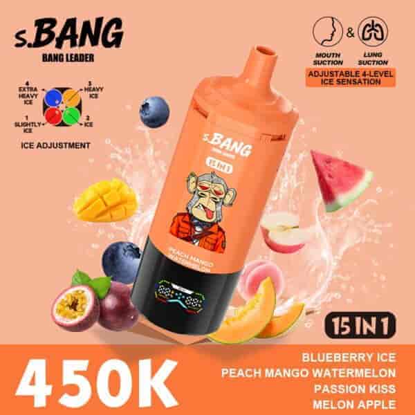 S.BANG orange bottle with cartoon monkey, labeled 15 IN 1, surrounded by mango, watermelon, blueberry, and other fruits; large “450K” text and list of flavors Blueberry Ice, Peach Mango Watermelon, Passion Kiss, Melon Apple; orange background with ice splash and product icons on top left.