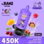 Purple s.BANG ice cream device with a cartoon raccoon label, surrounded by berries and fruit, promotional price 450K, 15 in 1, blueberry raspberry mixed berry passion fruit mango.