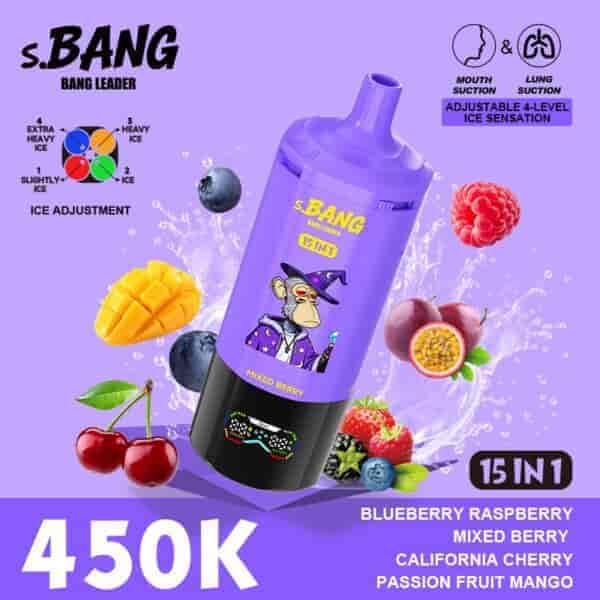 Purple s.BANG ice cream device with a cartoon raccoon label, surrounded by berries and fruit, promotional price 450K, 15 in 1, blueberry raspberry mixed berry passion fruit mango.