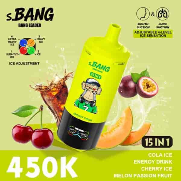 Bright lime green s.BANG energy drink bottle tilted, with cartoon mascot, fruits around (cherries, passion fruit, melon, cherry), ice splash, 450K price text, 15 in 1 label and cola ice flavor notes.