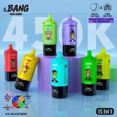 A colorful display of s.BANG tattoo-style ink bottles in bright primary colors arranged on pastel platforms, with "45K" in the background and product icons in the top right.