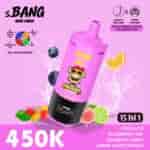 Pink bottle of s.BANG with a cartoon monkey, surrounded by fruits and ice, on a pink background with large "450K" text and "15 IN 1" badge.