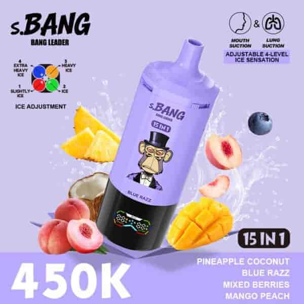 Purple s.BANG bottle with cartoon monkey, surrounded by fruit (pineapple, mango, peach, peach slices, blueberry) on a lavender background; features include “15 IN 1” and “450K” text.