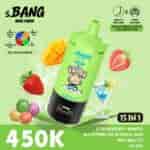 A bright green s.BANG watermelon bubble gum bottle with a cartoon monkey, surrounded by fruit images (strawberry, mango, watermelon, lime) and a 15 in 1 label; bold price 450K appears bottom left.