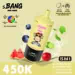 A yellow bottle labeled s.BANG Watermelon Ice Blueberry Mint with fruit graphics (watermelon, blueberry, lime, mint) splashing behind; text shows “450K” and “15 IN 1” with icons and flavor list.