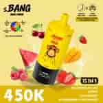s.BANG 15 in 1 watermelon ice bottle with yellow label, surrounded by berries and fruit slices on a yellow background, price 450K shown.
