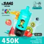A bright turquoise s.BANG water bottle titled 15 in 1, featuring a cartoon pirate label, surrounded by fruit slices (strawberry, watermelon, kiwi, blueberries) and splash graphics, with bold “450K” and “15 IN 1” text.