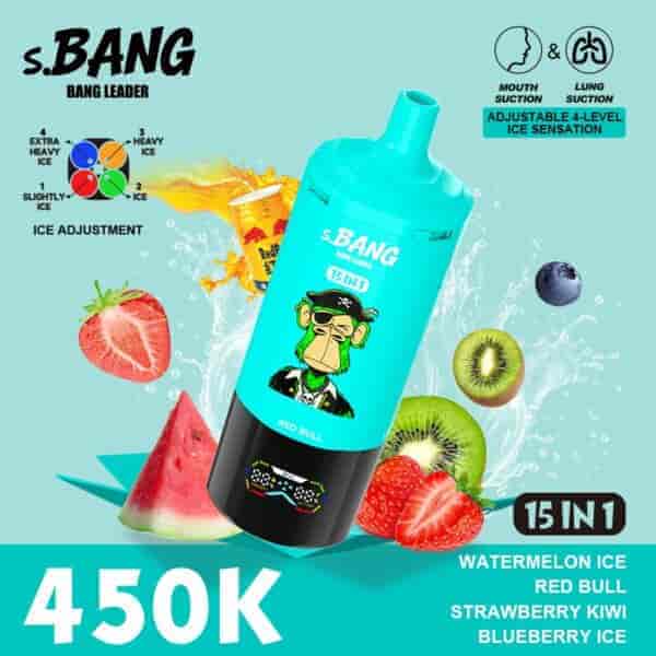 A bright turquoise s.BANG water bottle titled 15 in 1, featuring a cartoon pirate label, surrounded by fruit slices (strawberry, watermelon, kiwi, blueberries) and splash graphics, with bold “450K” and “15 IN 1” text.