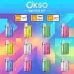 OKSO Switch Kit advertisement with colorful USB-C vape devices in rows and labeled icons showing 1.0Ω mesh coil, battery details, and Type-C port.
