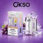 OKSO Grape ICE vape package and bottle with purple grapes, ice cubes, and a purple background.