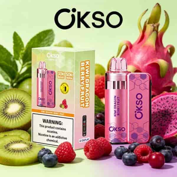 Colorful OKSO e-cigarette packaging and devices with kiwi, dragon fruit, raspberries, blueberries, and kiwi slices in a vibrant fruit-themed display.
