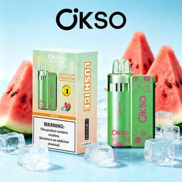 Bright green Okso Lush Ice vape device with matching package, set among watermelon slices and ice cubes on a blue background.