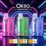 Ciks? Actually OKSO brand: three colorful vape devices labeled OKSO Switch Kit in pink, green, and blue with geometric patterns and neon-lit background.