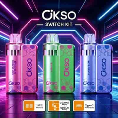 Ciks? Actually OKSO brand: three colorful vape devices labeled OKSO Switch Kit in pink, green, and blue with geometric patterns and neon-lit background.