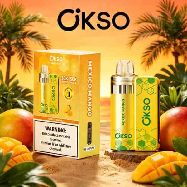 Mango-flavored Okso vaping device and packaging in a tropical desert setting with palm trees and sliced mangoes, yellow-green color scheme branding Mexico Mango.