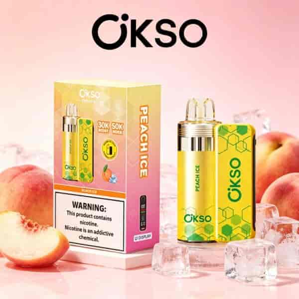 Peach ice flavored OKSO vape device and box with yellow-green hexagonal pattern, peaches, and ice cubes on a pink background.