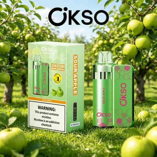 OKSO Sour Apple vape device with green bottle and packaging on grass among apple trees; brand name ÖKSO appears at top.