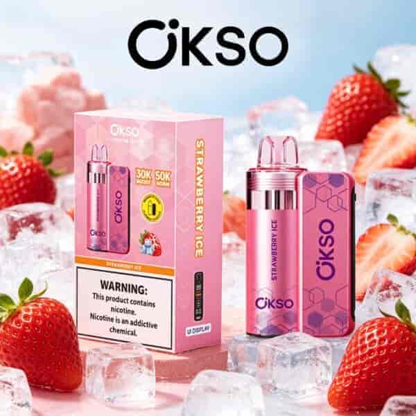 OKSO strawberry ice vape kit with pink patterned bottle and packaging, surrounded by strawberries and ice cubes.