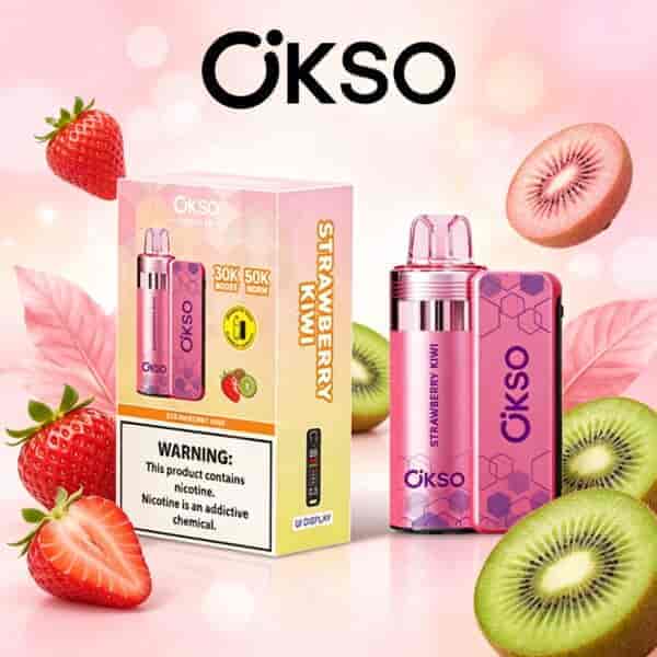 Vibrant pink packaging of OKSO vape product with strawberry kiwi flavor, surrounded by strawberries and kiwi slices against a soft pink background.