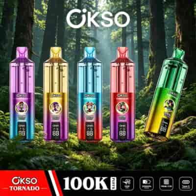 Colorful cylindrical water bottles arranged in a forest setting with the word OKSO Tornado across the top.