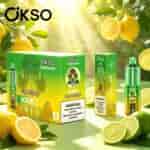 Limoni luminosi su un ramo con foglie verdi e diverse scatole verdi di prodotti OKSO Tornado in un ambiente soleggiato all'aperto.