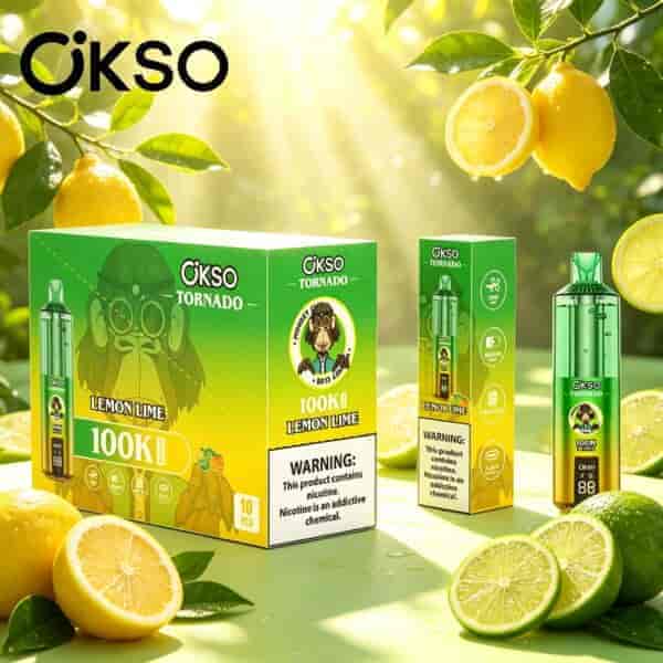 Limoni luminosi su un ramo con foglie verdi e diverse scatole verdi di prodotti OKSO Tornado in un ambiente soleggiato all'aperto.
