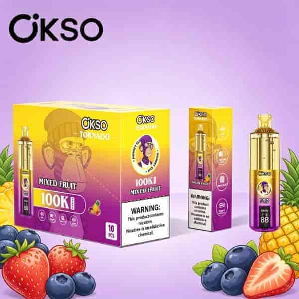 Confezione colorata delle scatole di vape OKSO Tornado ai frutti misti con illustrazioni di frutta fresca (fragole, mirtilli, ananas) su sfondo viola.