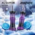 Two colorful vape devices, labeled "AL SAHIM" and "ATVS," with a blue razz lemonade flavor, surrounded by frosty blue limes