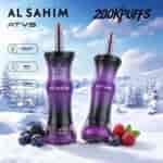 Two purple vaping devices labeled "AL SAHIM" and "ATVS," featuring a winter background with snow, berries, and visible specs on battery and e-liquid capacity