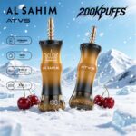 Two vape devices branded "AL SAHIM" and "ATVS" are displayed with a snowy mountain background, featuring a cherry fizz flavor, battery stats, and a stylish design