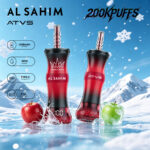 A frozen landscape features two vape devices in red and black, with visual details about battery, e-liquid, and specifications, along with apples