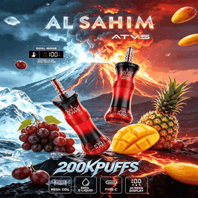 A vibrant advertisement featuring two red and black vape devices against a backdrop of an erupting volcano, with fruits like grapes, pineapple, and mango in the foreground
