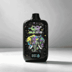 A colorful vape device with an elephant design, featuring the brand name "QQ BANG" and an LED display showing battery and liquid level