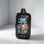 A sleek black vape device featuring a colorful elephant design with splashes of paint and a digital display showing 88%
