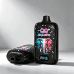 A colorful vape device featuring an artistic elephant design in pink and blue, with a digital display showing battery level