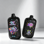 Two colorful vape devices are displayed, one featuring a vibrant elephant design and the other labeled "Grape Iced," both on black backgrounds