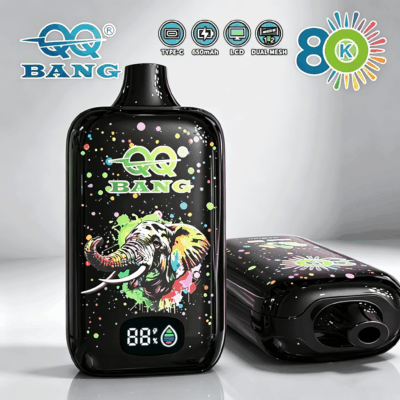 A colorful vaping device featuring a stylized elephant design, with a digital display showing battery life and brand logo
