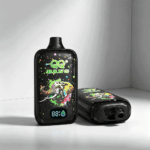 A colorful, black vape device featuring a graphic of an elephant and the brand name "BANG," with a digital display indicating battery level
