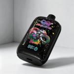 A sleek black vaping device featuring a colorful elephant design with splashes of paint and a digital display showing battery percentage