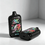 A black vape device with colorful graphics featuring an elephant and a lion, displaying an LED screen with settings