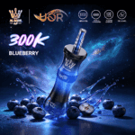 A vaping device with a sleek blue design, surrounded by blueberries and splash effects, labeled "300K BLUEBERRY