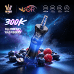 A sleek vape device in blue, labeled "Blueberry Raspberry," surrounded by fresh blueberries and raspberries, set against a cosmic background
