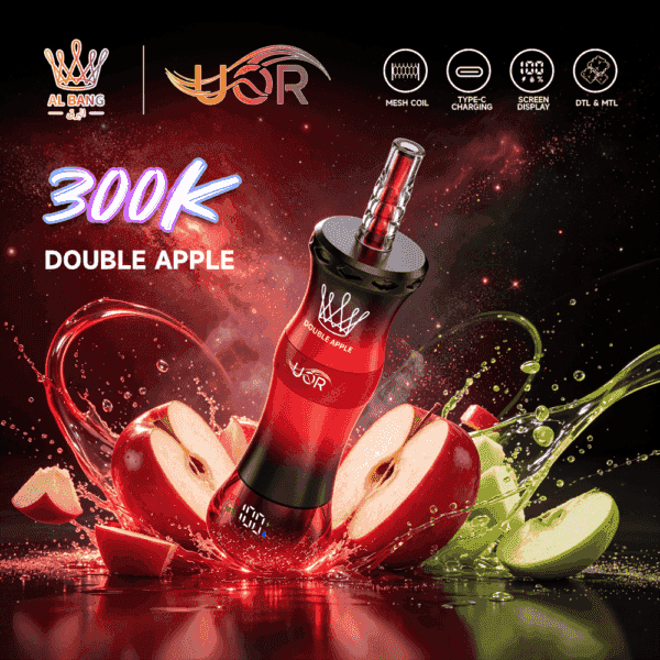 A vibrant vape device labeled "DOUBLE APPLE" surrounded by splashes of red and green apples, with promotional text "300K